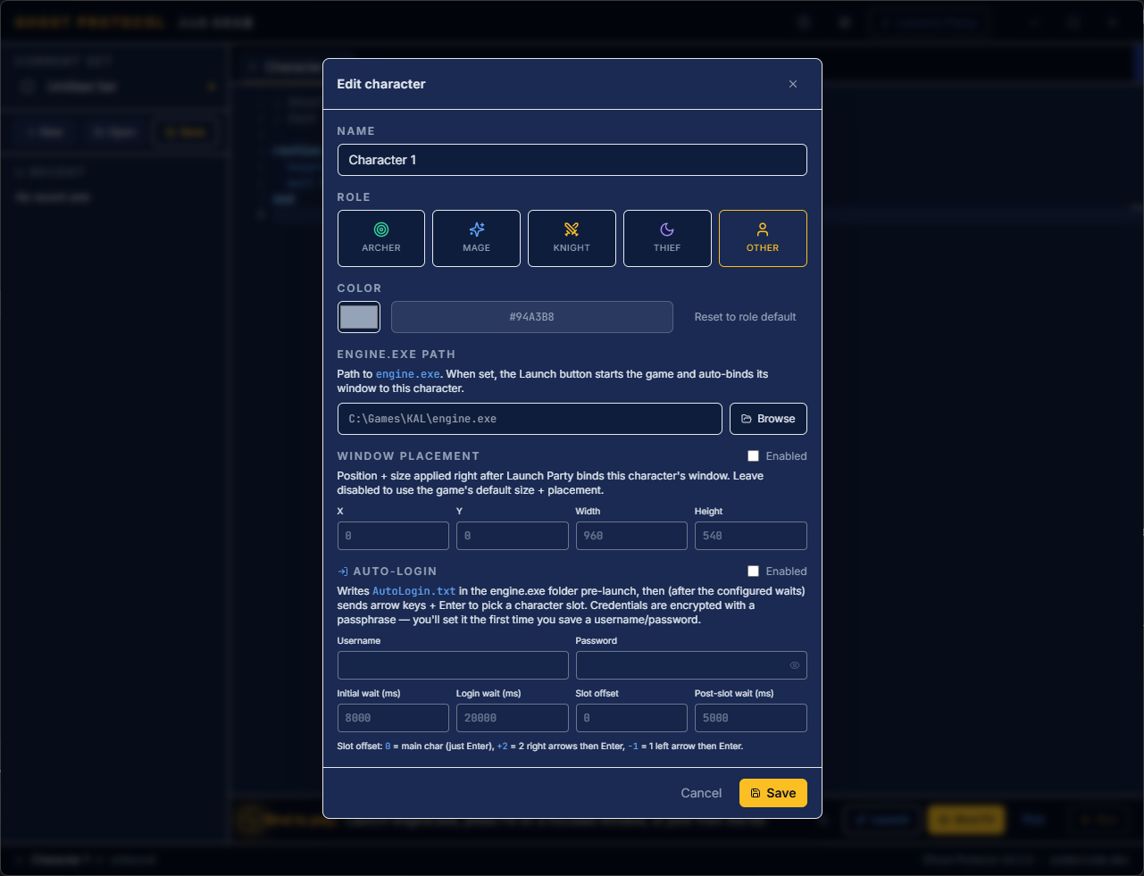 Edit character dialog with Name, Role (Archer, Mage, Knight, Thief, Other), color, engine.exe path, window placement, and auto-login settings.
