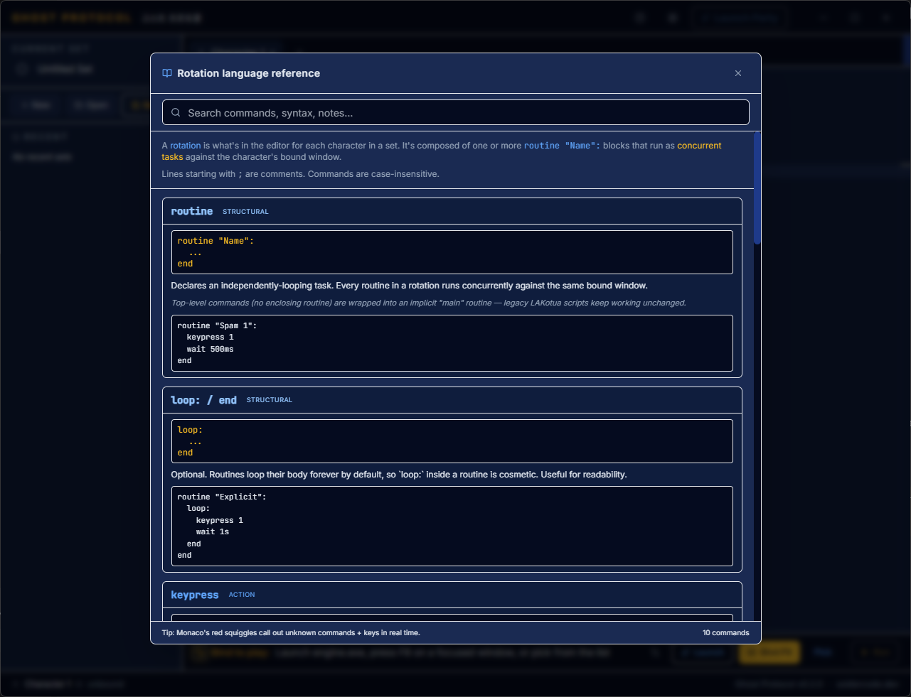 Rotation language reference panel with searchable commands: routine, loop, keypress, with examples and structural tags.