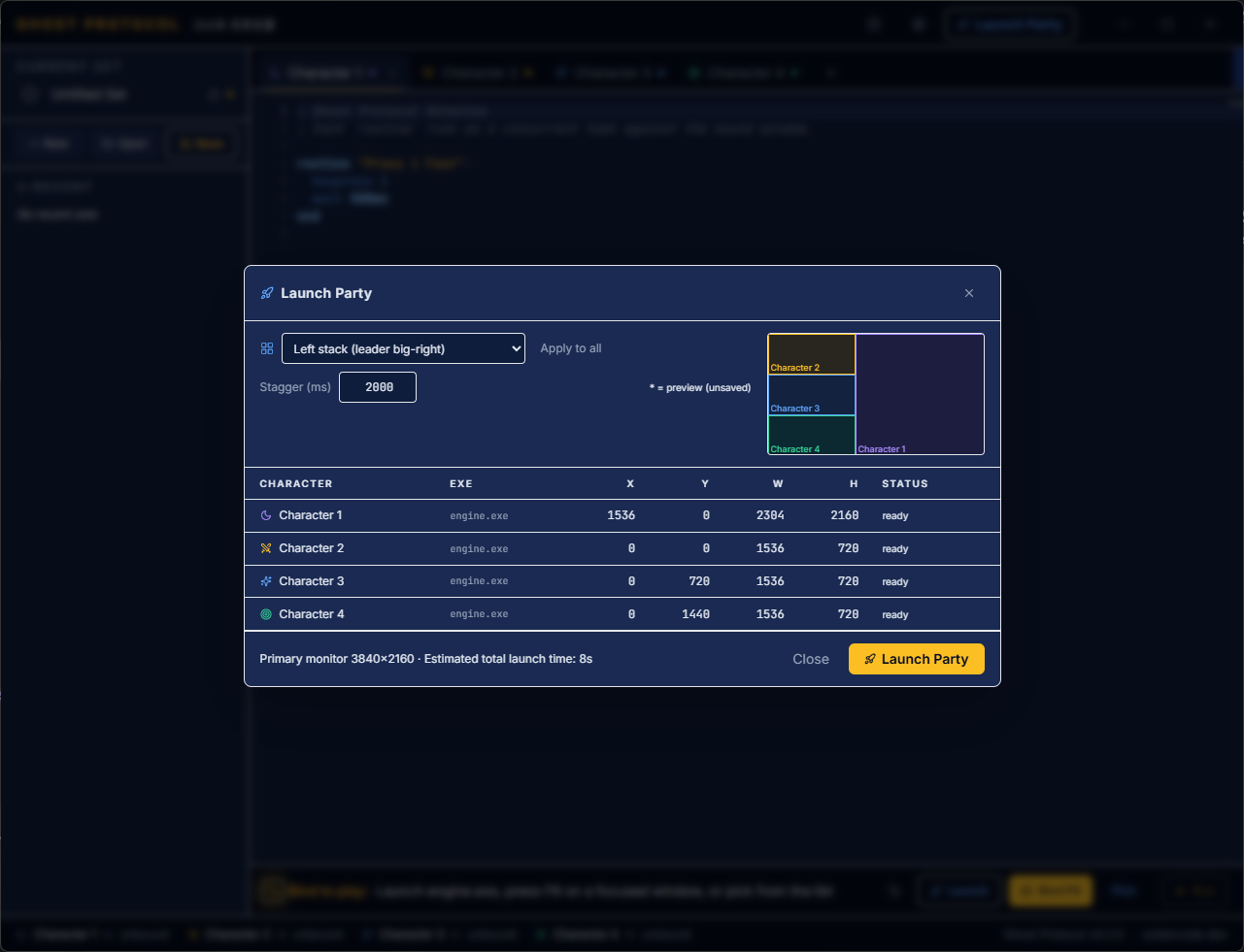 Launch Party dialog showing four characters with layout preview, stagger control, and per-client X/Y/W/H placement.