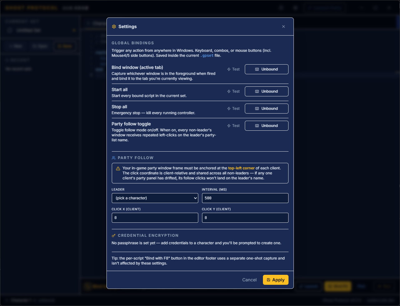 Settings dialog with Global Bindings for bind/start/stop/follow, and a Party Follow section with leader, interval, and click coordinates.
