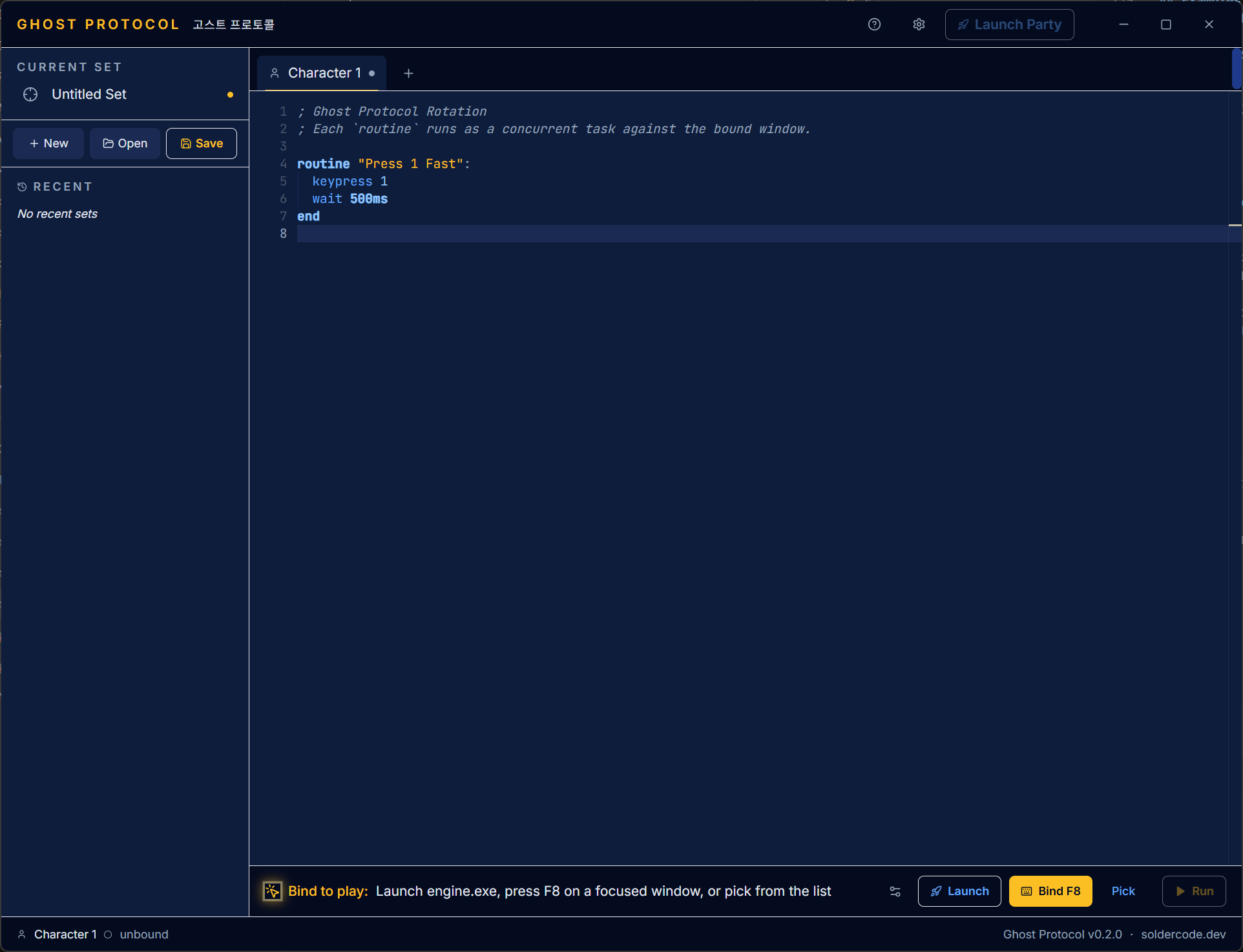 Ghost Protocol main window — Rotation script editor with a Character 1 tab and a bound engine.exe target.