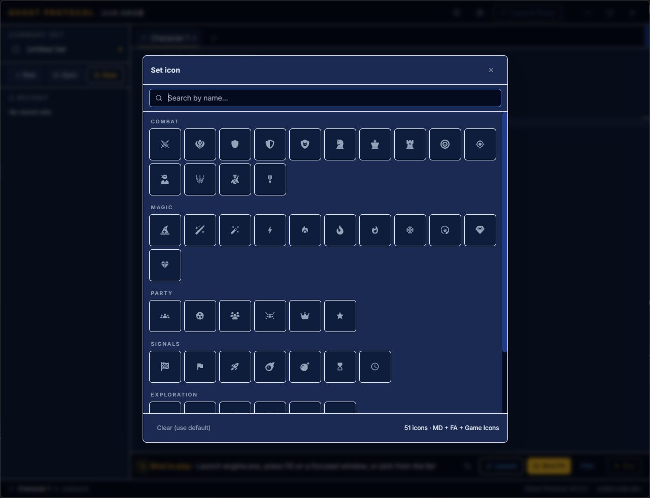 Set icon picker grouped into Combat, Magic, Party, Signals, Exploration categories with 51 icons.
